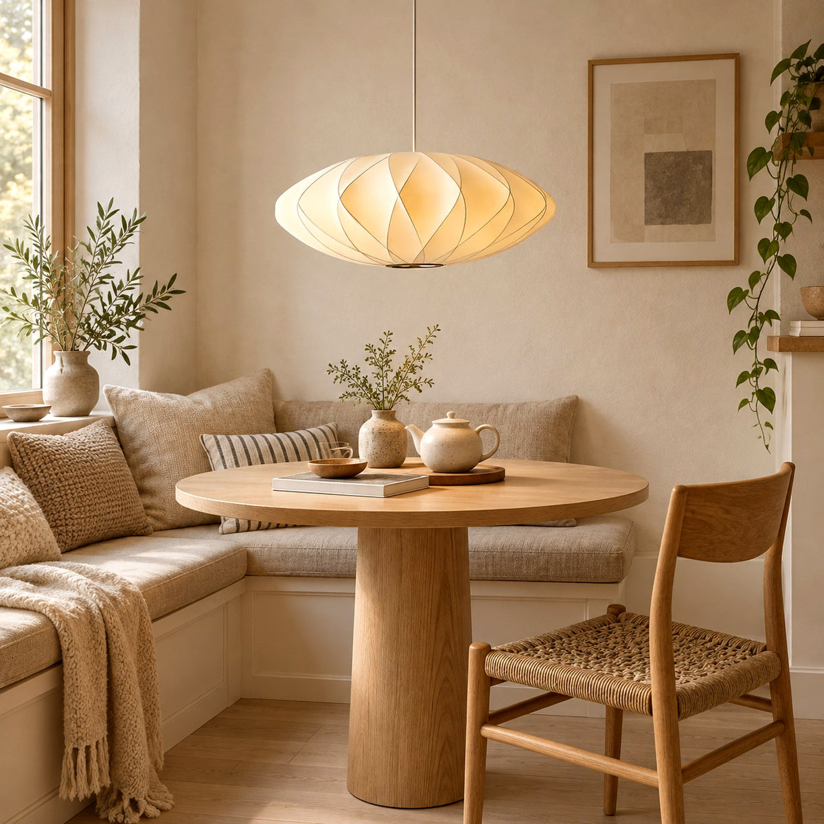 Corvya silk pendant light above a round wood table in a cozy dining nook with cushioned corner seating.