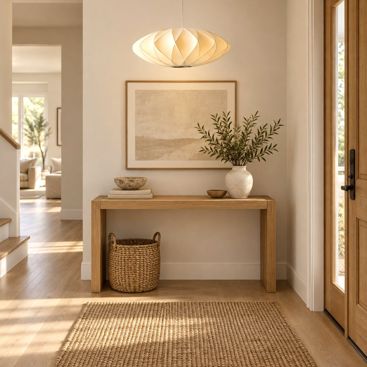 Corvya white silk pendant light in an entryway with a wood console table, framed artwork, and a woven rug.