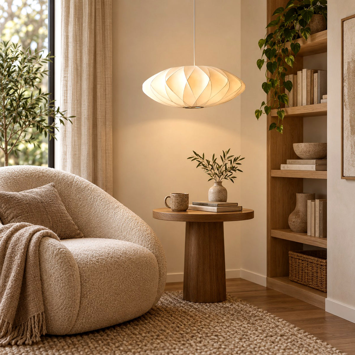 Corvya silk pendant light above a round side table beside a cream armchair and wood bookshelves in a reading corner.