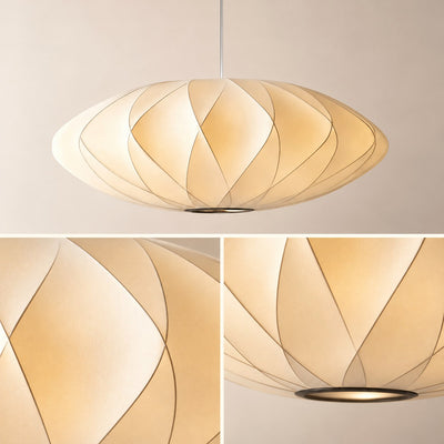 Corvya pendant light detail collage showing the silk shade texture, curved ribs, and circular bottom opening.
