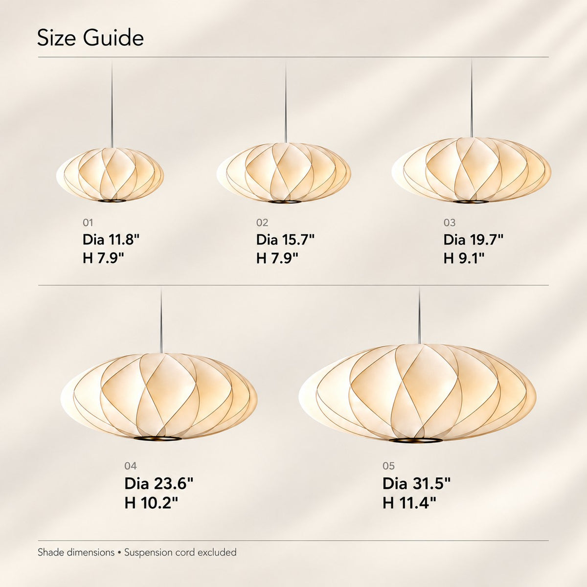 Corvya pendant light size guide showing five shade sizes from 11.8 to 31.5 inches wide, with heights excluding the cord.