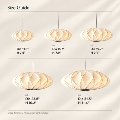 Corvya pendant light size guide showing five shade sizes from 11.8 to 31.5 inches wide, with heights excluding the cord.