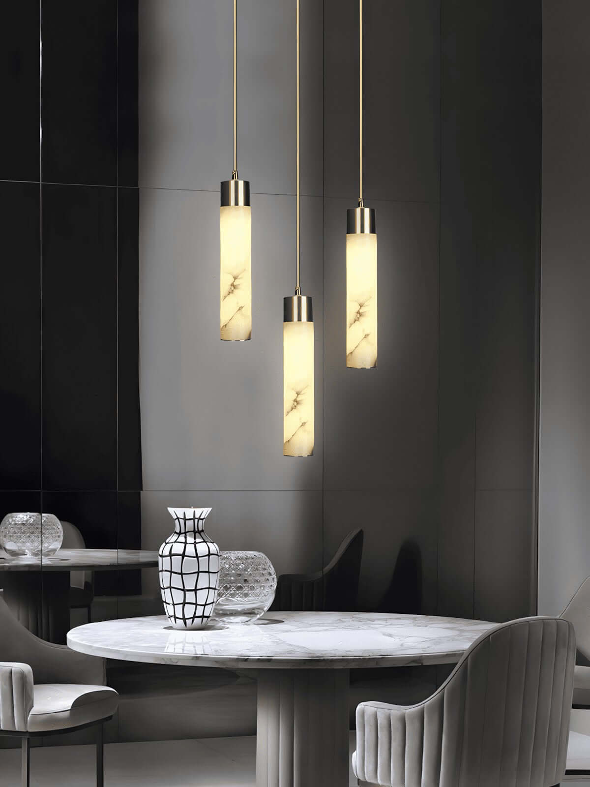 Alabaster Chandelier Over Dining Table - Scandinavian Dining Fixtures