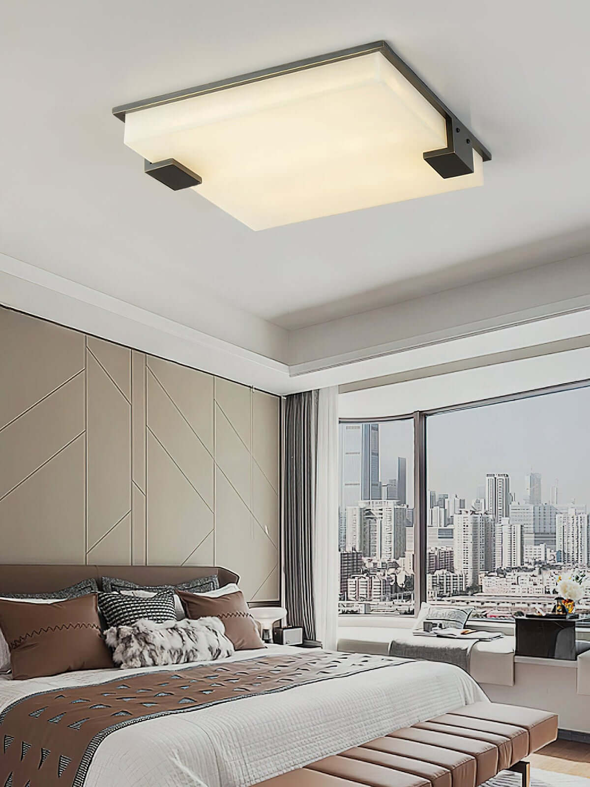 Faylen Ceiling Light, an alabaster flush mount ceiling light in a modern bedroom, showcasing mid-century style and square design.