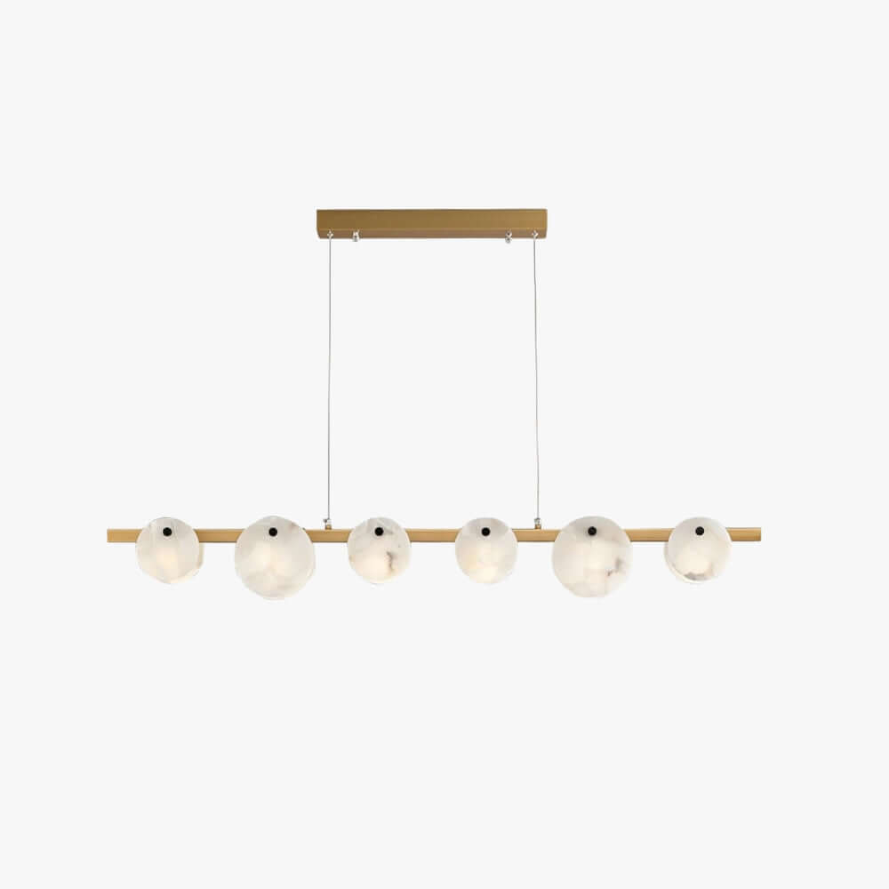 Frumix linear chandelier with alabaster spheres, mid century modern design, perfect for stylish lighting decor.
