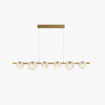 Frumix linear chandelier with alabaster spheres, mid century modern design, perfect for stylish lighting decor.