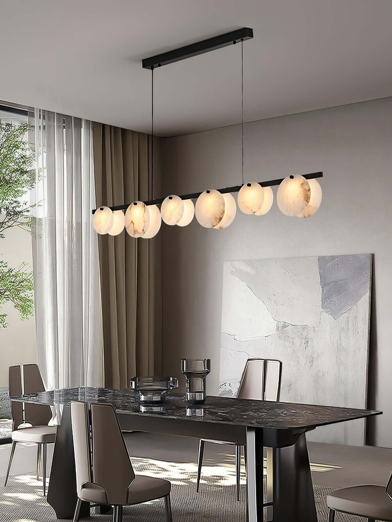 Frumix alabaster linear chandelier with 6 lights, mid century modern design, perfect for dining rooms.