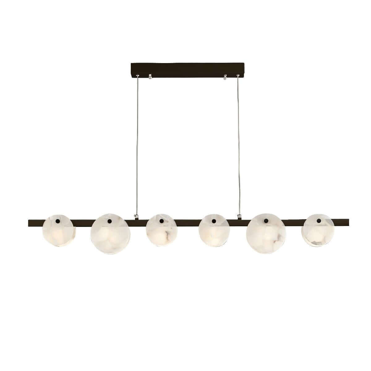 Frumix linear alabaster chandelier with six globe lights, perfect for mid-century modern lighting designs.