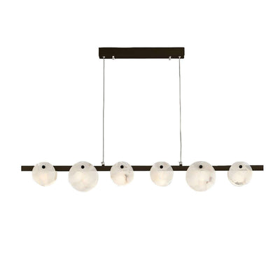 Frumix linear alabaster chandelier with six globe lights, perfect for mid-century modern lighting designs.
