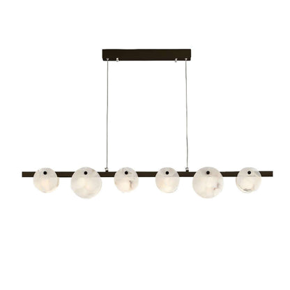Frumix linear alabaster chandelier with six globe lights, perfect for mid-century modern lighting designs.