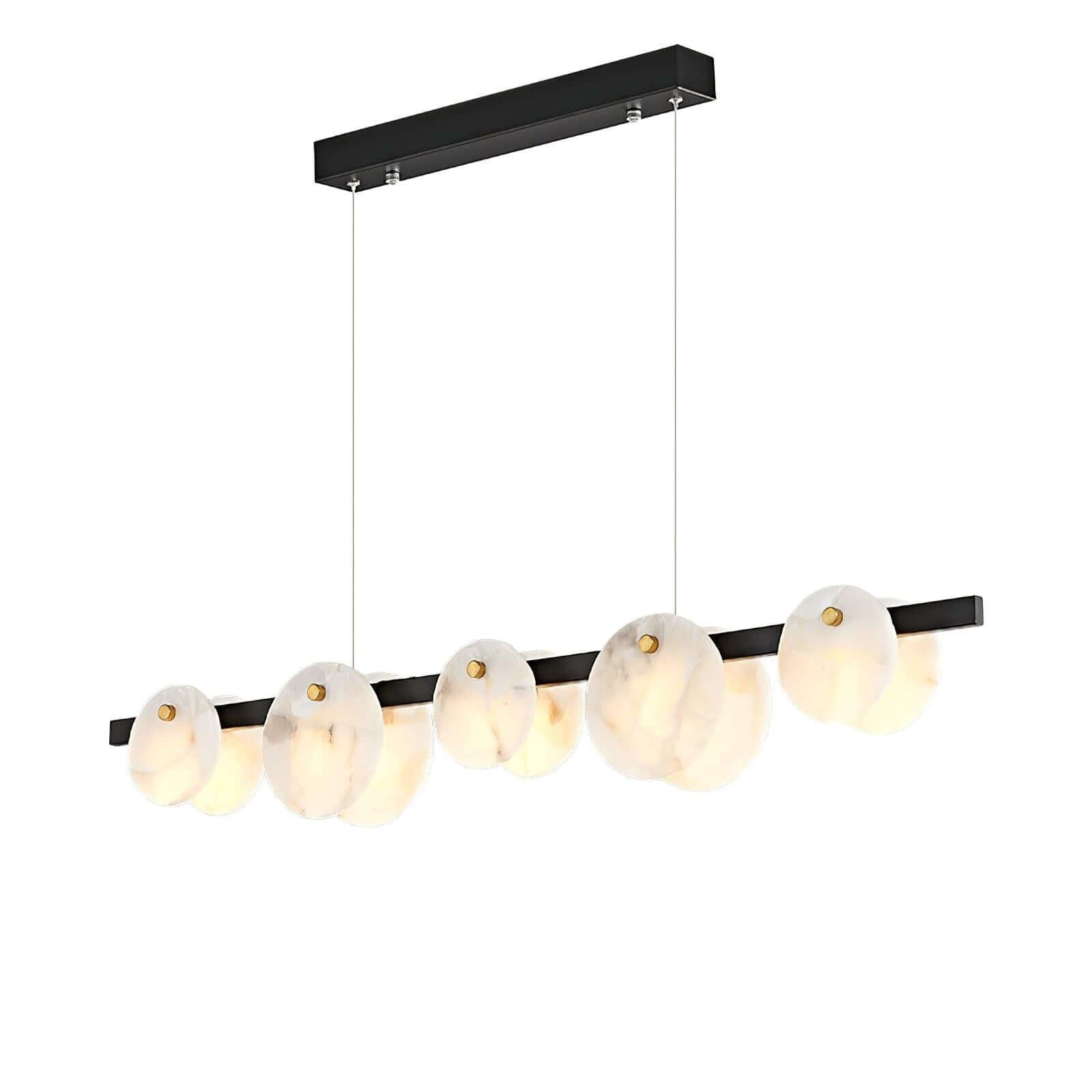 Frumix linear chandelier featuring alabaster glass shades, ideal for mid century modern lighting designs, 6-light configuration.
