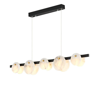 Frumix linear chandelier featuring alabaster glass shades, ideal for mid century modern lighting designs, 6-light configuration.
