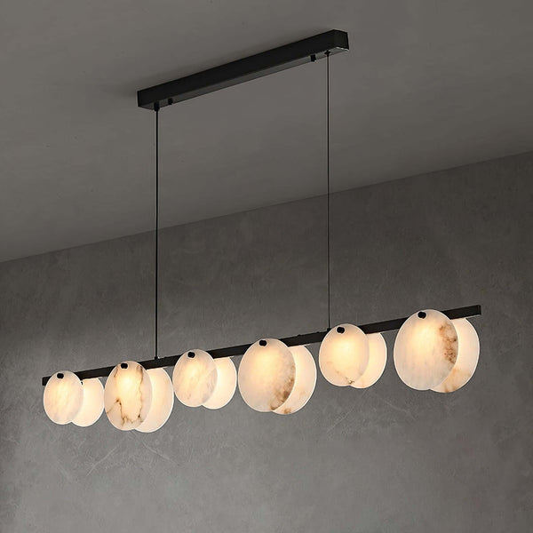 Frumix linear chandelier with alabaster shades, mid-century modern design, showcasing 6 lights against a gray wall.