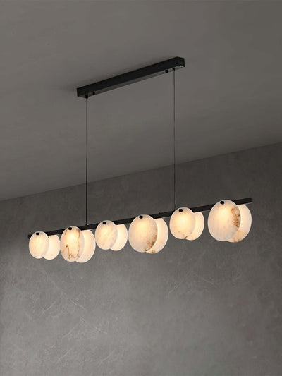 Frumix alabaster chandelier, 6-light linear design, mid-century modern lighting, dimensions 47.2"x5.9", enhances any space.