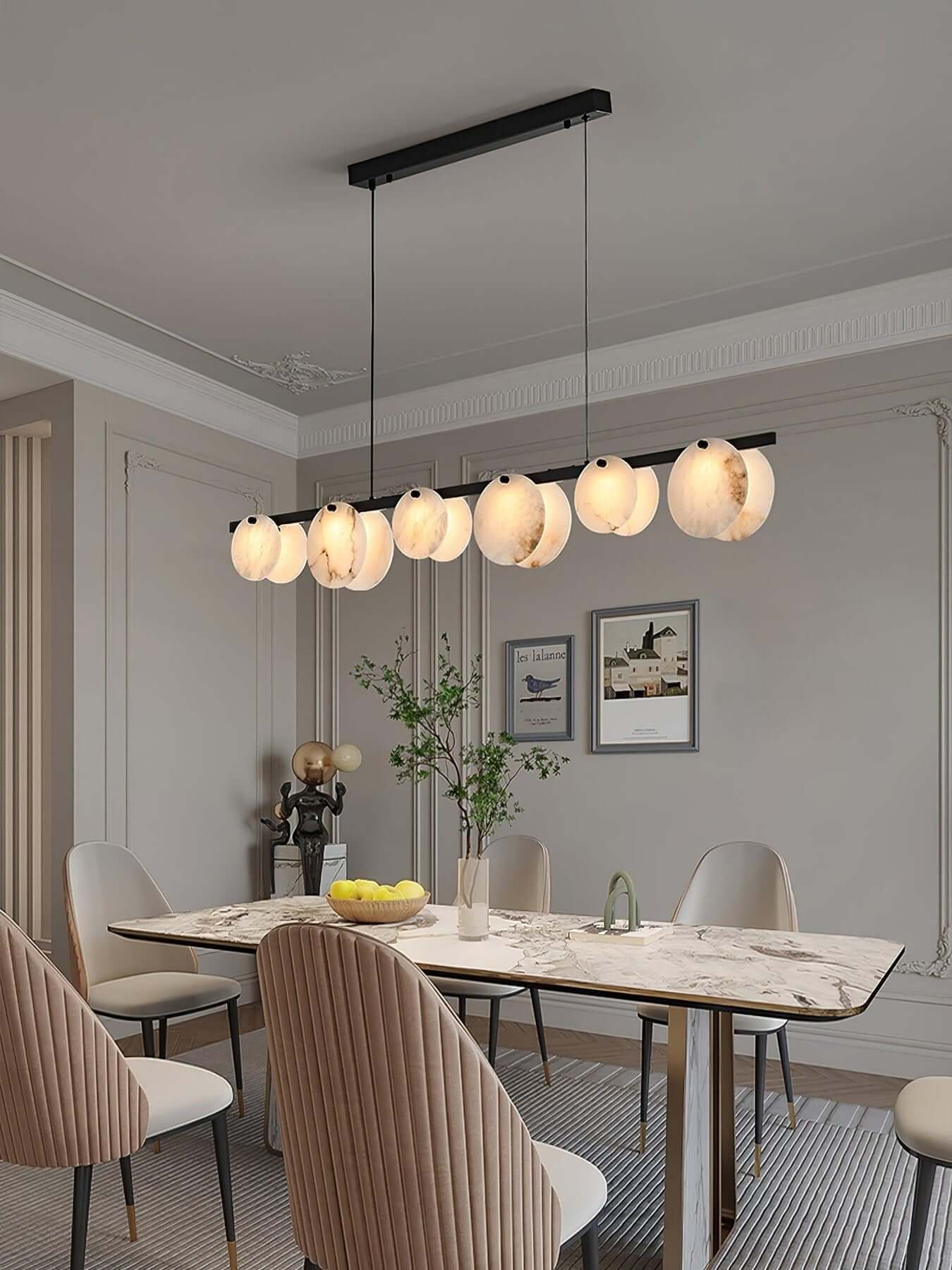 Frumix 6-Light alabaster linear chandelier in mid century modern dining room setting.