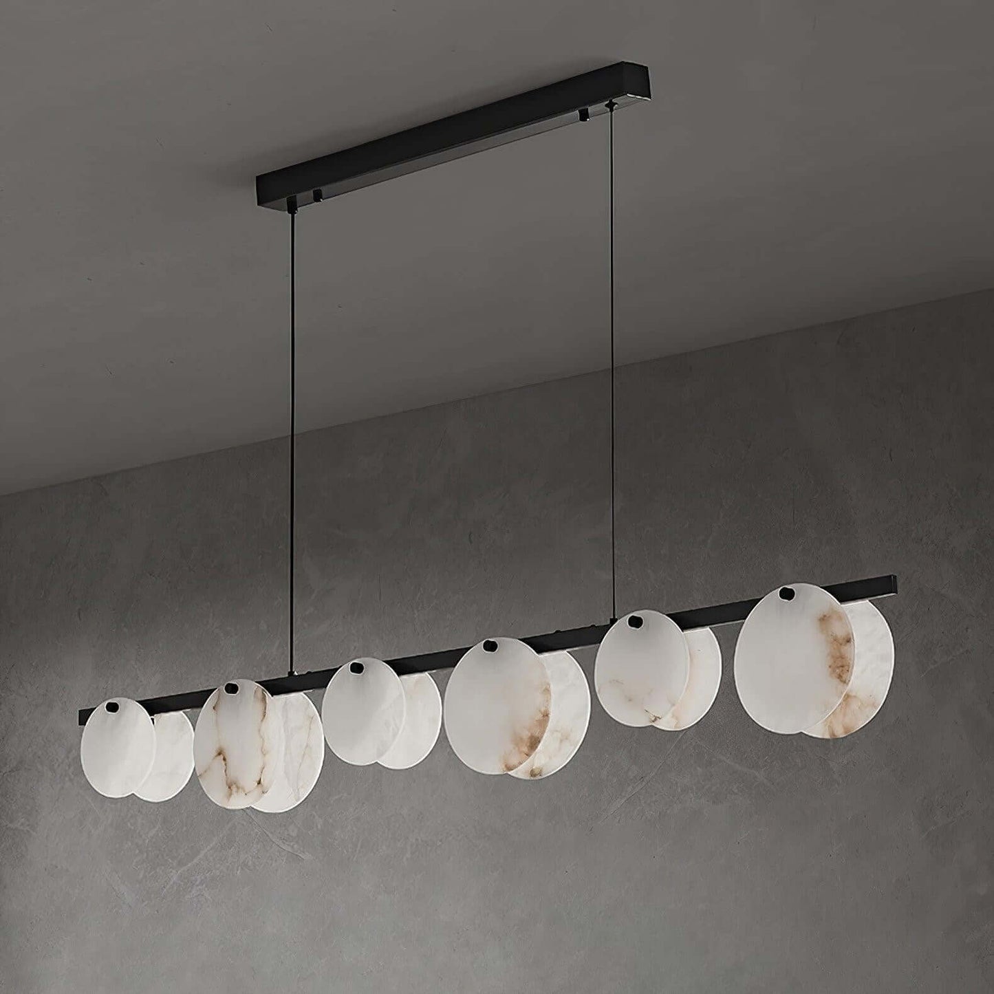 Frumix linear chandelier featuring alabaster shades, perfect for mid century modern lighting in stylish interiors.