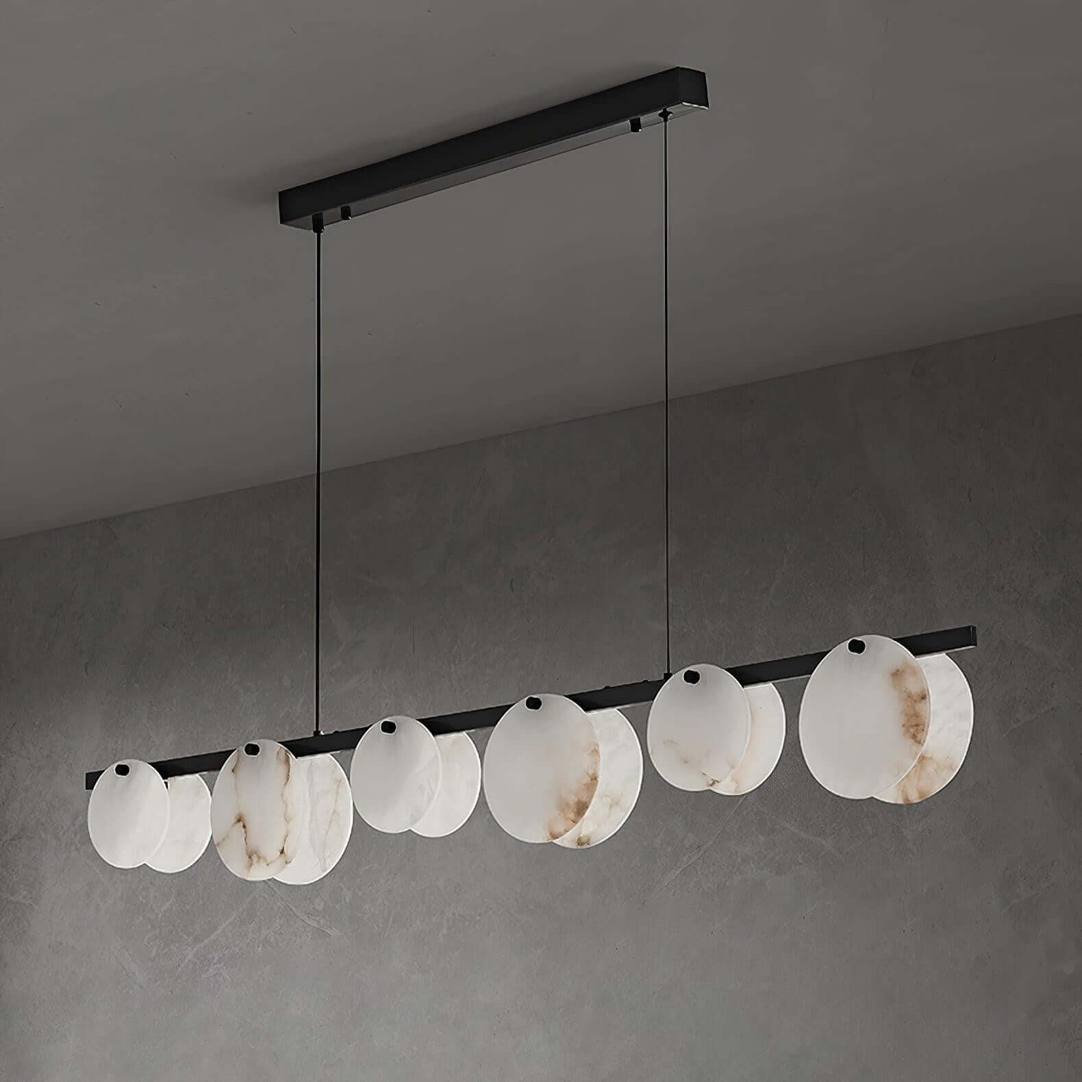 Frumix linear chandelier featuring alabaster shades, perfect for mid century modern lighting in stylish interiors.