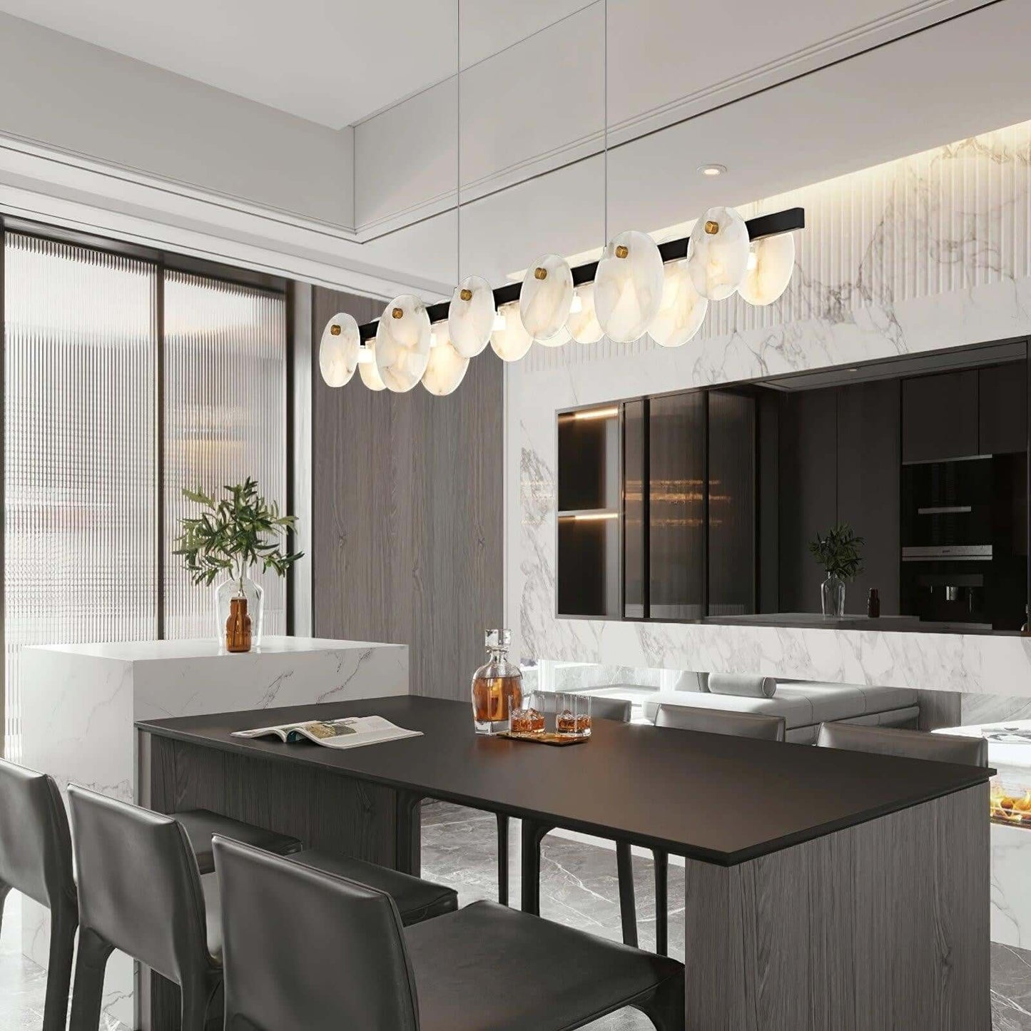 Frumix Chandelier in a modern kitchen featuring alabaster and linear design, perfect for mid-century modern lighting.
