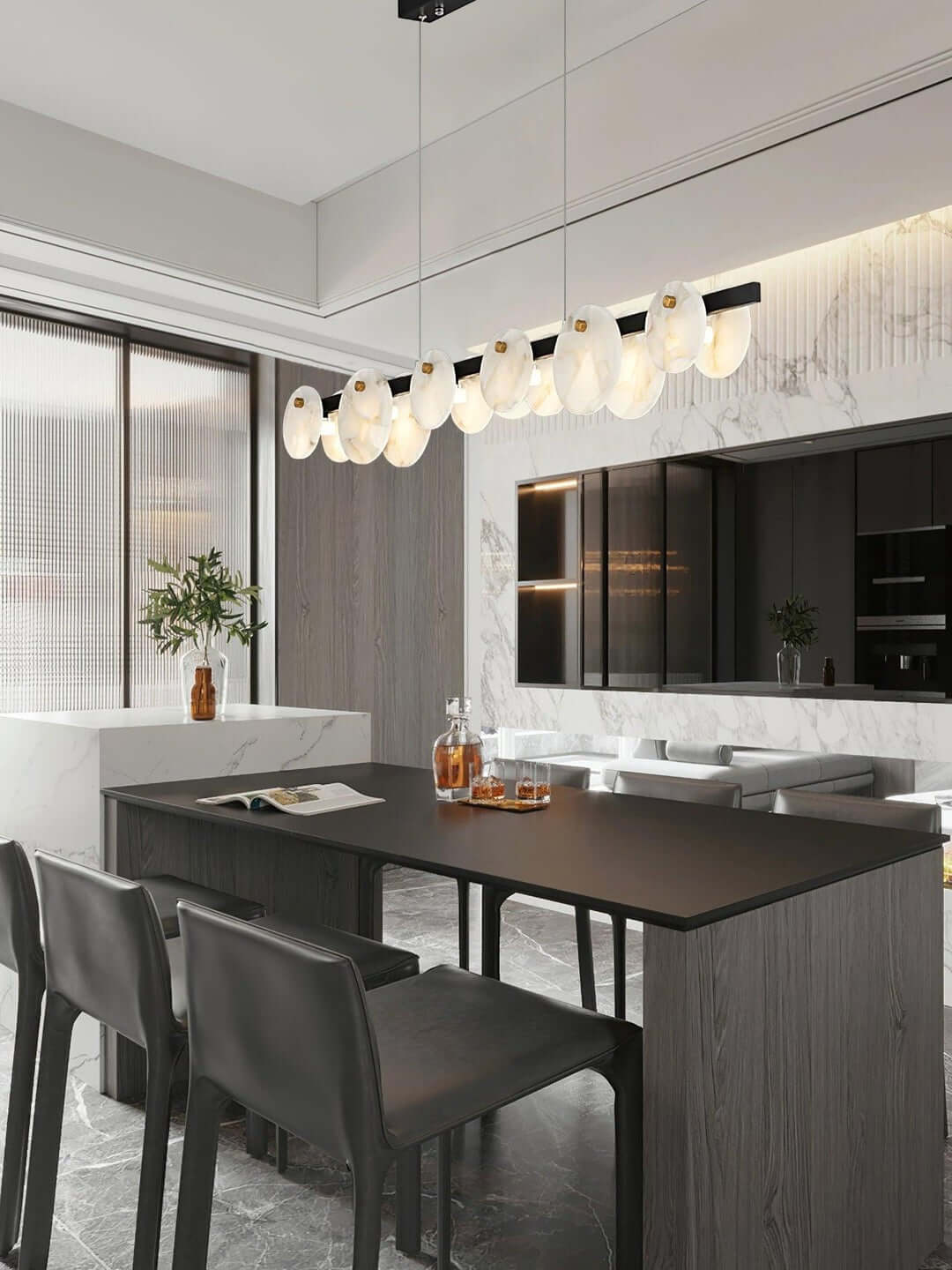 Elegant Frumix 6-light alabaster linear chandelier in a modern kitchen, showcasing mid-century modern lighting design.