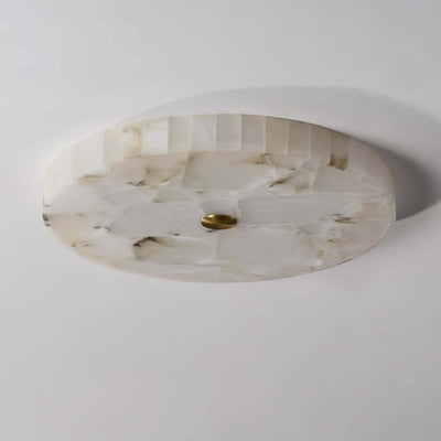 Monedra round LED ceiling light, alabaster flush mount design, modern ceiling lamp for bedroom decor.
