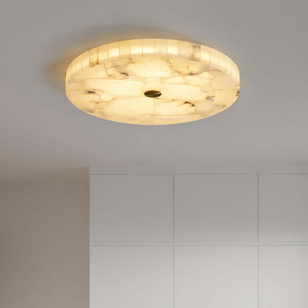 Round alabaster flush mount light, Monedra Ceiling Light, ideal ceiling lamp for bedroom decor.