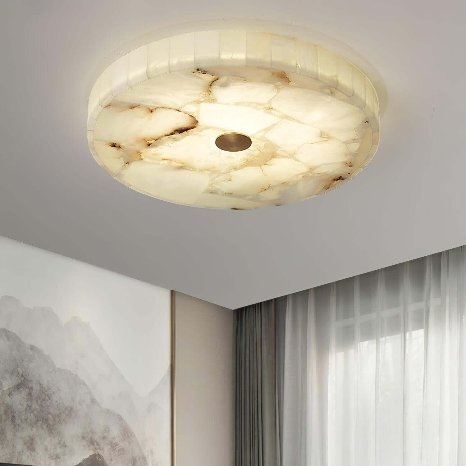 Monedra round LED ceiling light, alabaster flush mount, perfect for bedroom decor.