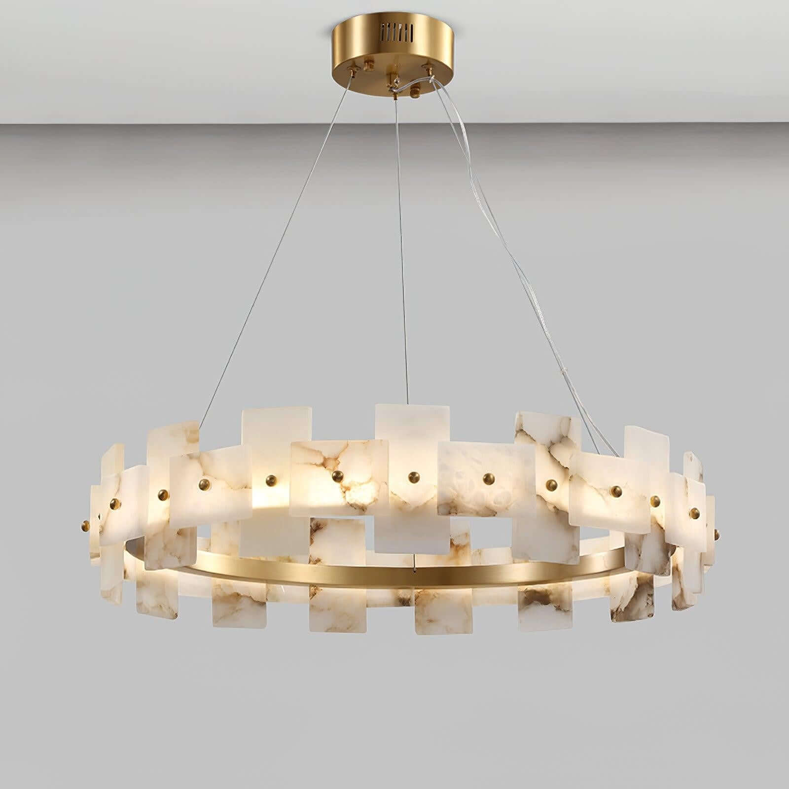Omvilo alabaster chandelier with brass accents, ideal for vintage dining room lighting, 60cm diameter design.