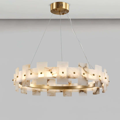Omvilo alabaster chandelier with brass accents, ideal for vintage dining room lighting, 60cm diameter design.