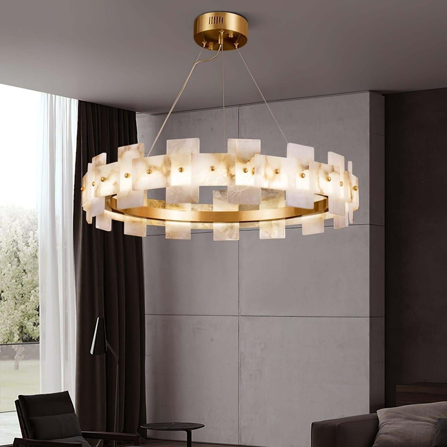 Elegant alabaster chandelier with brass accents, perfect for dining room tables or vintage decor.
