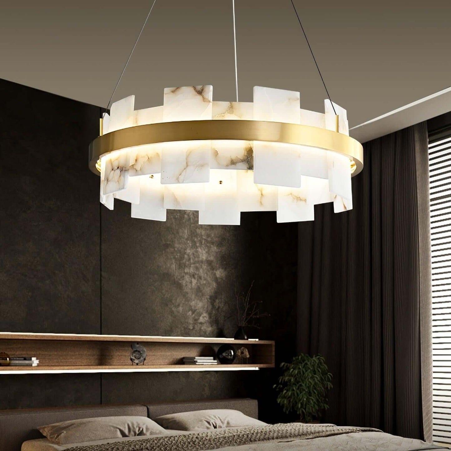 Omvilo alabaster chandelier with brass details, perfect for a vintage dining room setting.