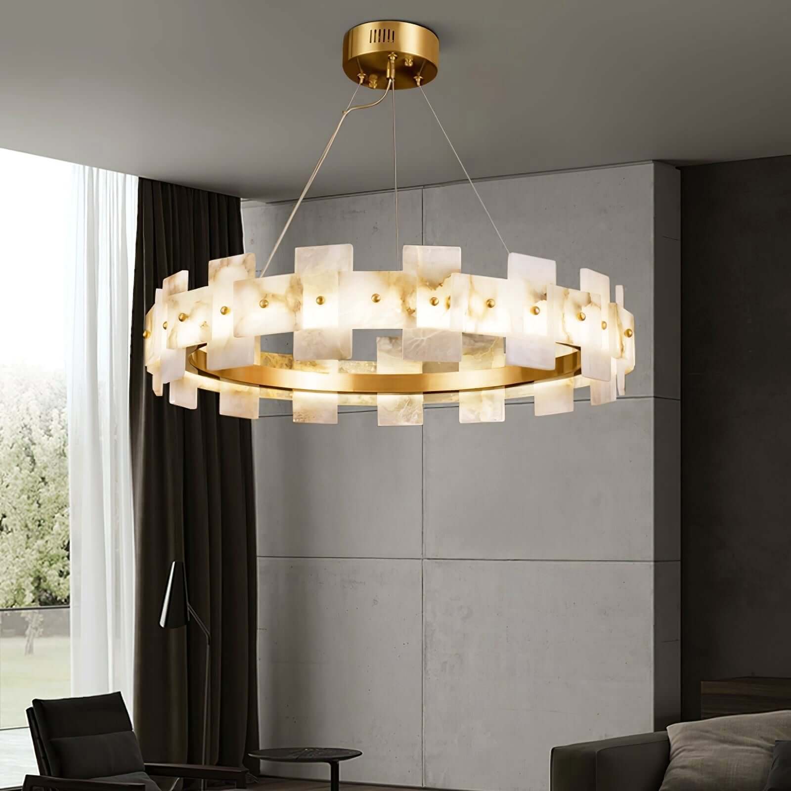 Omvilo alabaster chandelier in modern living room, brass accents, ideal for dining room table, elegant design.