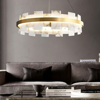 Stylish alabaster chandelier with brass accents, ideal for dining room table lighting and vintage decor.