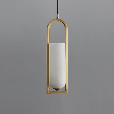 Orleni Pendant Light with alabaster shade and gold frame, ideal for mid century modern decor and hanging bedside lighting.