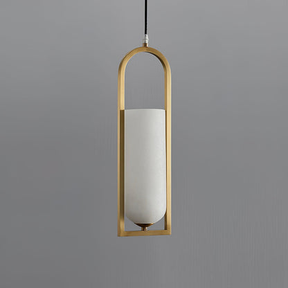 Orleni Pendant Light with alabaster shade and gold frame, ideal for mid century modern decor and hanging bedside lighting.