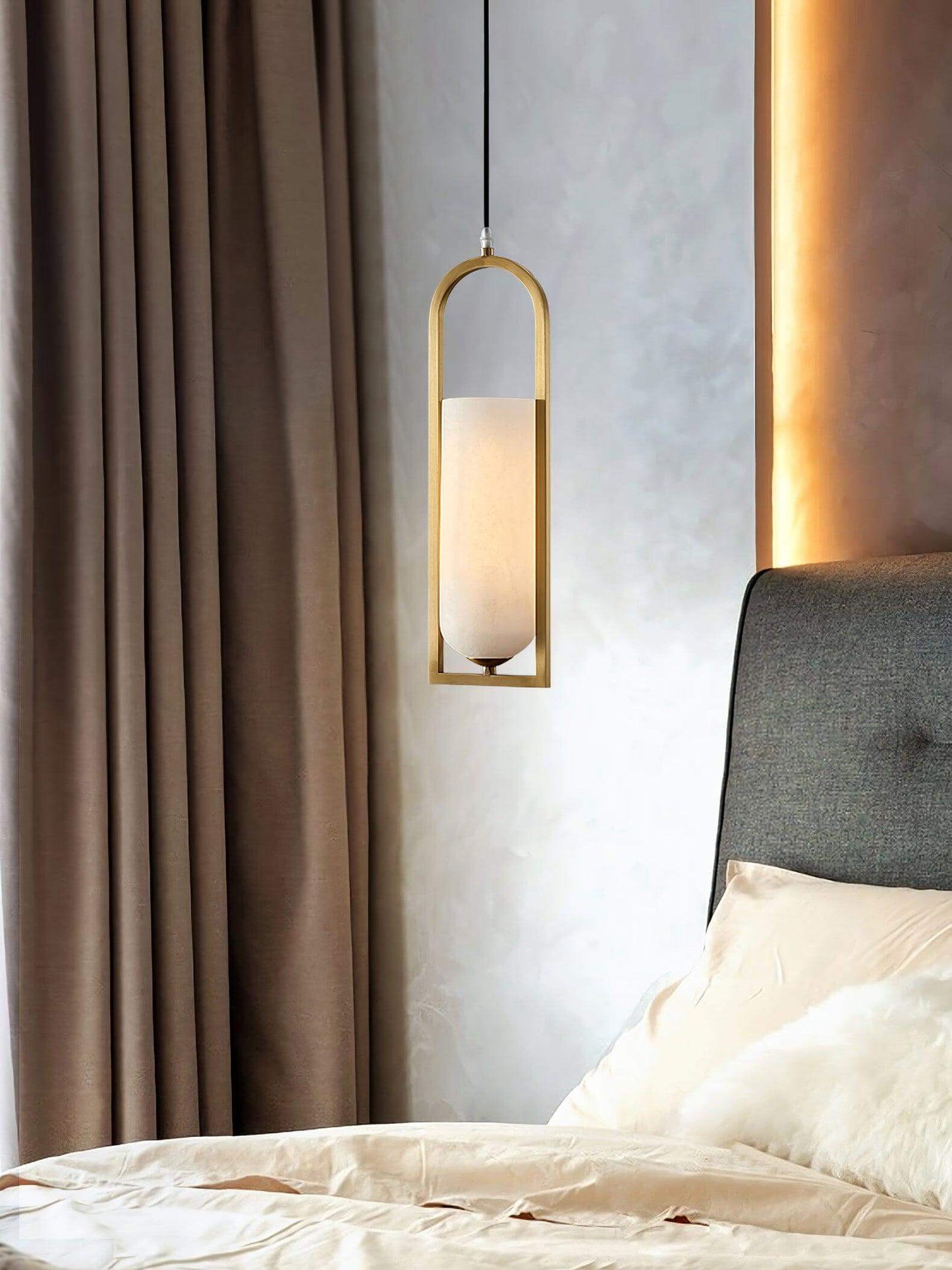 Orleni Pendant Light in a bedroom setting, showcasing alabaster design, mid century modern style, perfect as hanging bedside light.