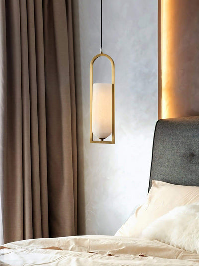 Orleni Pendant Light in a bedroom setting, showcasing alabaster design, mid century modern style, perfect as hanging bedside light.