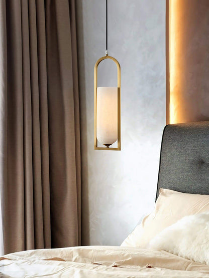 Orleni Pendant Light in a bedroom setting, showcasing alabaster design, mid century modern style, perfect as hanging bedside light.