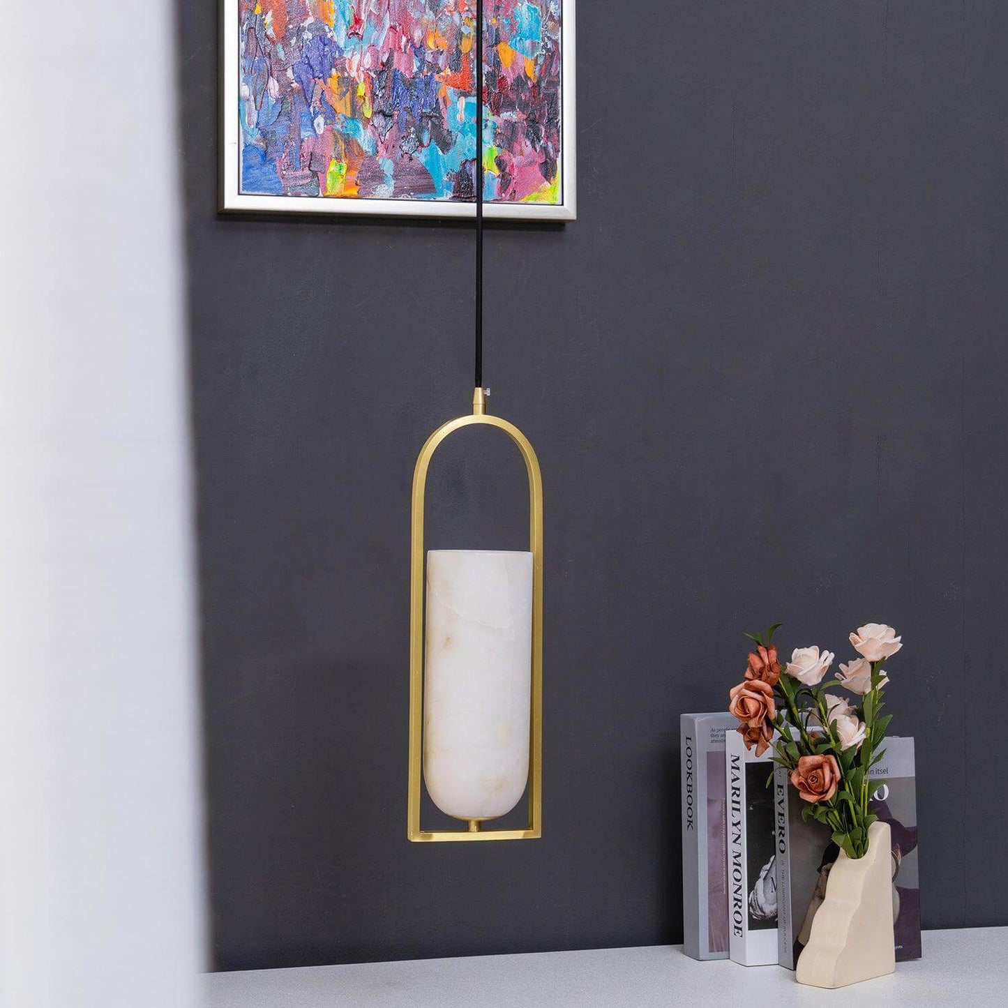 Orleni Pendant Light featuring alabaster design, gold frame, perfect for mid century modern decor and bedside lighting.