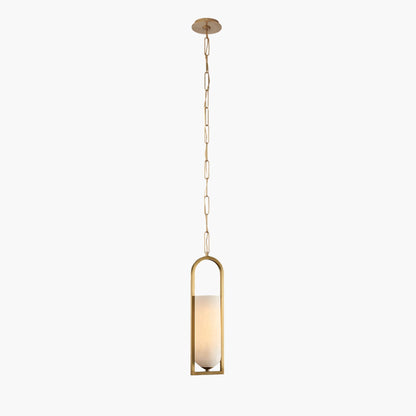 Orleni Pendant Light in alabaster with a gold chain; a mid-century modern hanging lamp for bedside lighting.