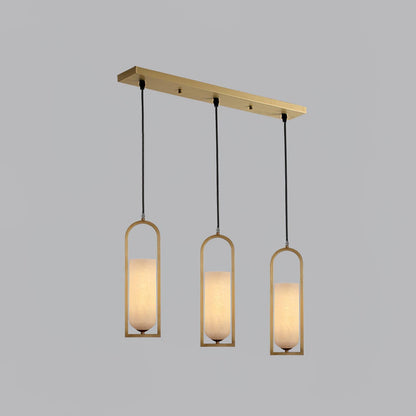 Orleni Pendant light featuring three alabaster shades in gold frame, perfect for mid-century modern decor and bedside lighting.