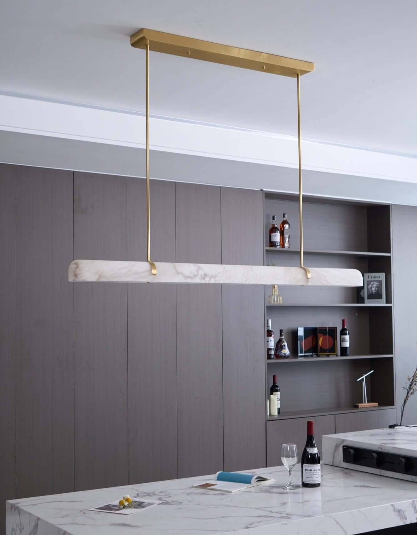 Qemir Chandelier modern linear light fixture for dining room with alabaster design, 35.4" long and elegant finish.