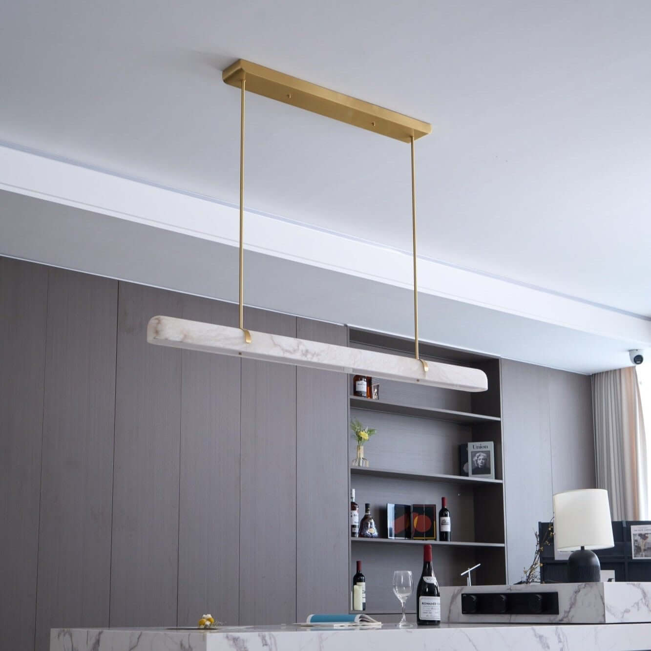 Modern linear chandelier and light fixture for dining room featuring alabaster design, 35.4" L.