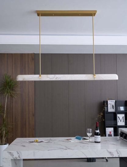 Elegant Qemir chandelier, a modern linear light fixture in alabaster, perfect for dining rooms.