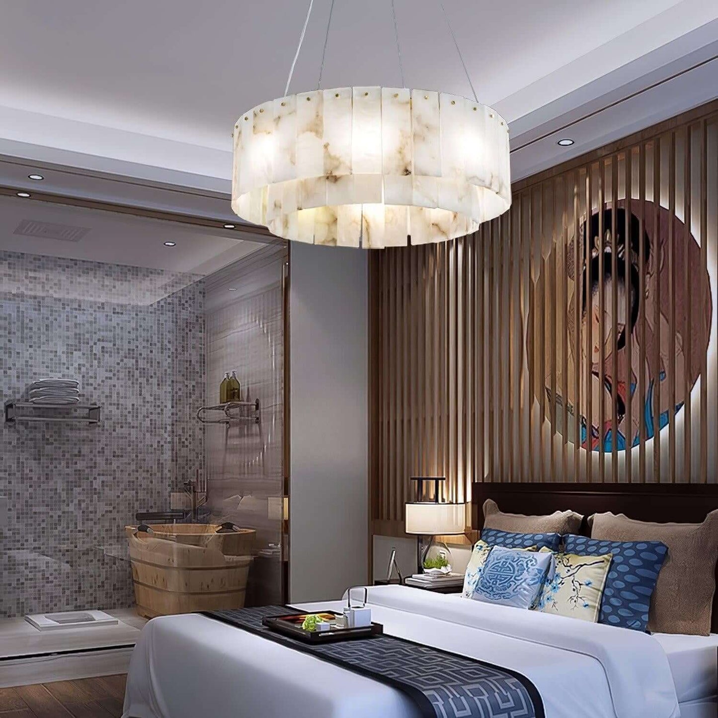 Elegant alabaster chandelier illuminating a stylish bedroom, blending Victorian design with modern decor.