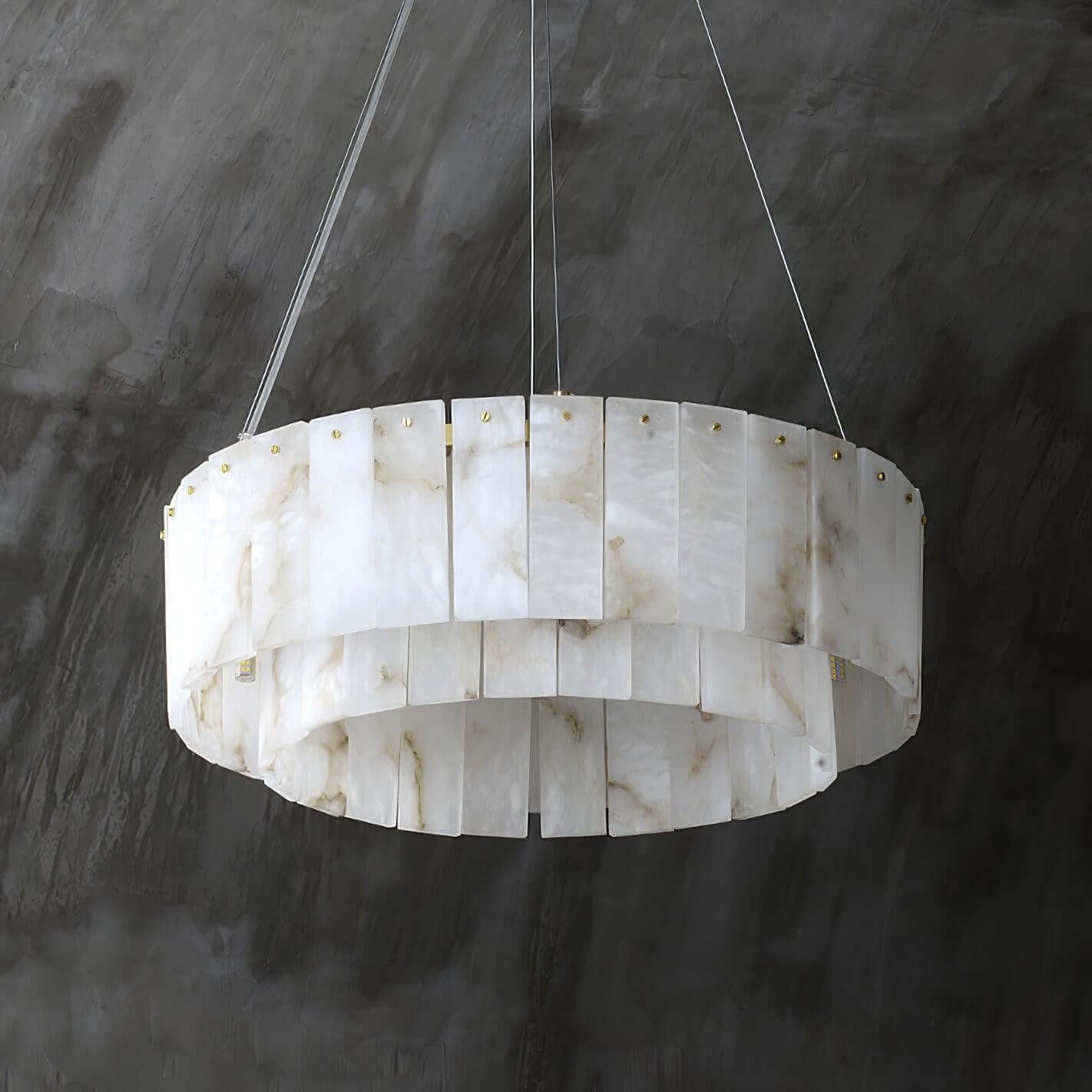 Elegant alabaster chandelier with two tiers, perfect for a Victorian or modern white decor.