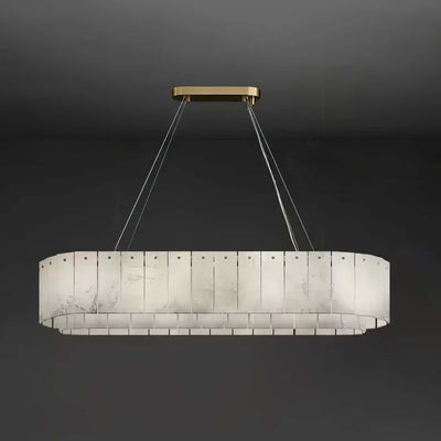 Solvani alabaster chandelier in long style with sleek gold accents, perfect for a modern Victorian decor.