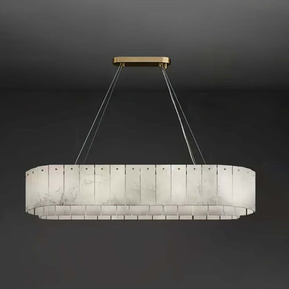 Solvani alabaster chandelier in long style with sleek gold accents, perfect for a modern Victorian decor.