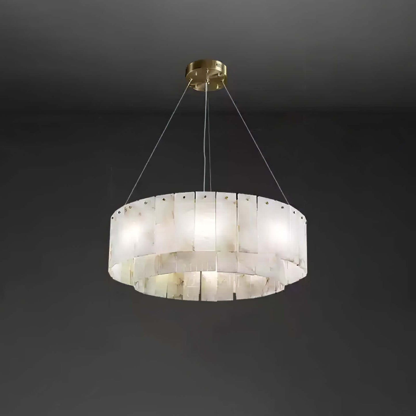 Solvani alabaster chandelier with a modern design, featuring two tiers and a sleek gold finish.