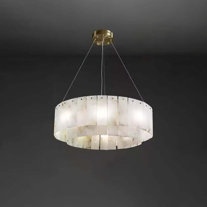 Solvani alabaster chandelier with a modern design, featuring two tiers and a sleek gold finish.
