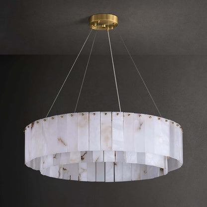 Elegant alabaster chandelier with gold accents, suspended in a modern setting, perfect for Victorian decor.